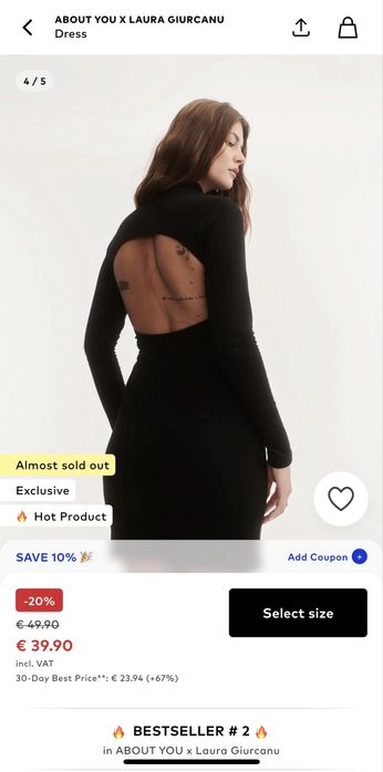 Къса черна рокля памук с гол гръб ABOUT YOU x Laura Giurcanu