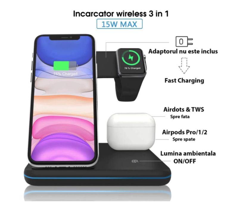 Incarcator Wireless REVOSE™, Statie Incarcare 3 In 1, Cablu inclus