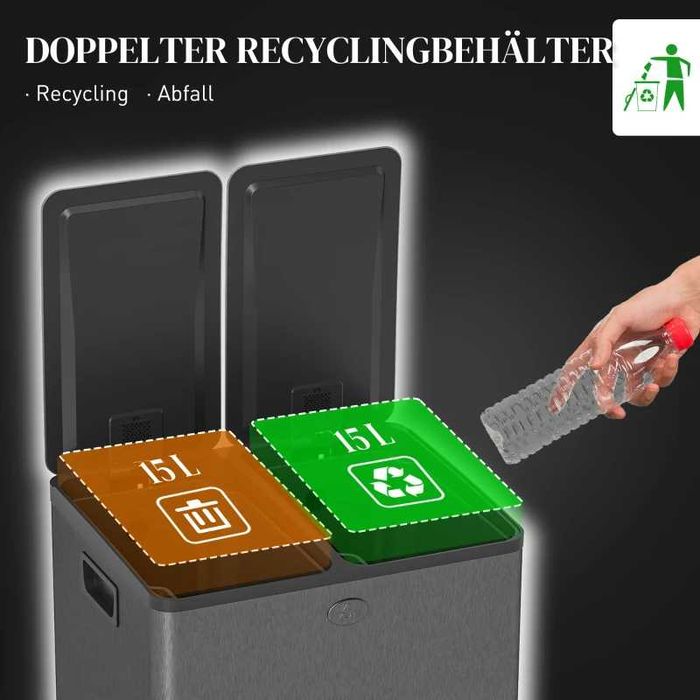 HOMCOM 2 x 15 л двойни кошчета за боклук, отваряне с педал