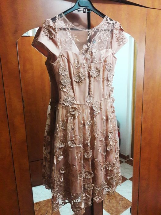 Rochie ocazie roz somon  cu flori 3D -40