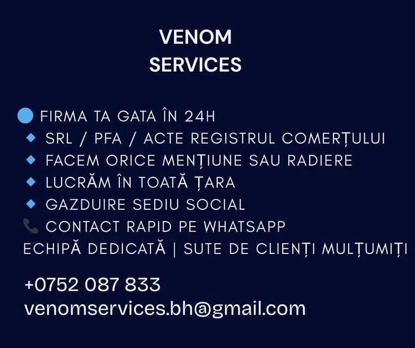 Înființare firmă. Găzduire sediu 100% online Acces SPV Certif. Digital