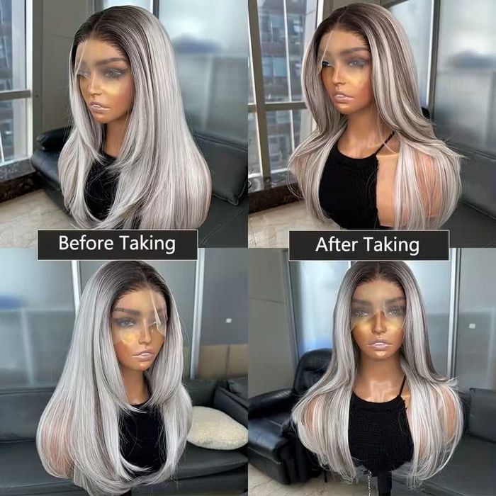 Елегантна сребристо руса перука с тъмни корени - 13×4 Lace Front