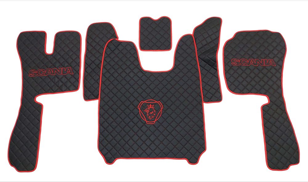 Кожени стелки черни/червено за SCANIA R 2010-2016 с три бродирани лога