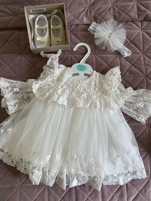 Rochie de botez cu bentita și pantofi 0-3luni