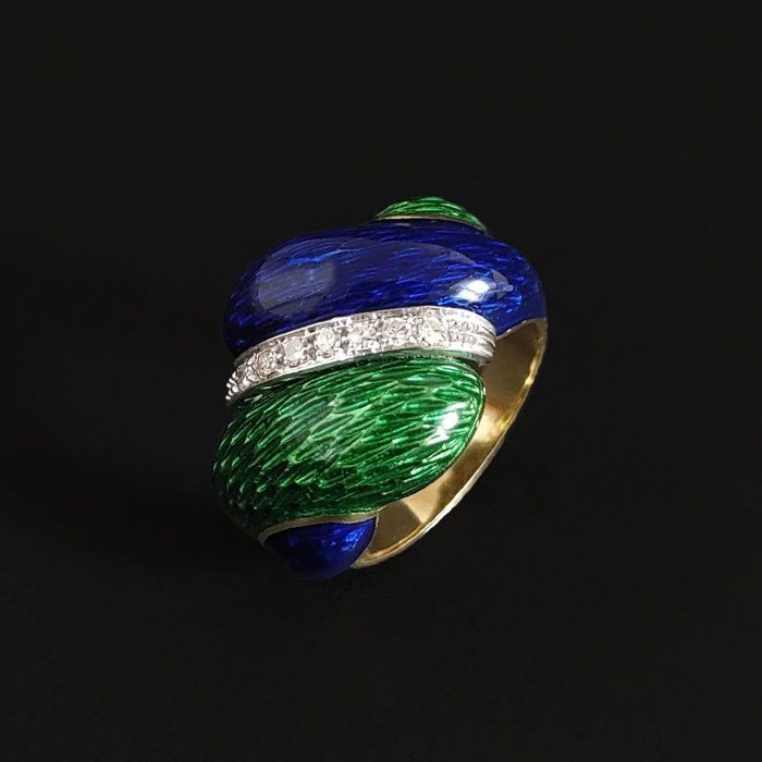 Inel designer Italia 1960, aur 18k cu email si diamante, certif.