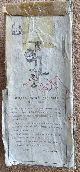 Masina de macinat nuci,noua,din 18 martie 1976