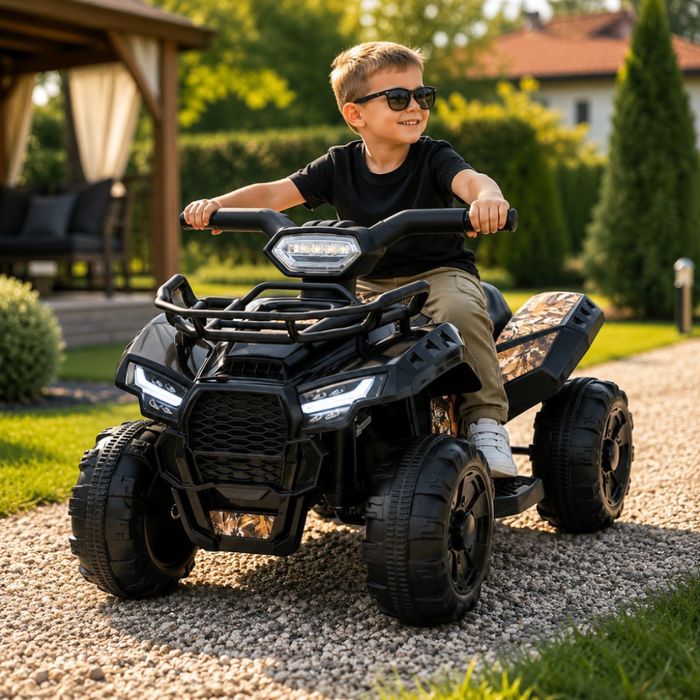 Детско акумулаторно ATV J320 6V – LED светлини, USB музика и офроуд приключения за деца 1.5–4 години, черно