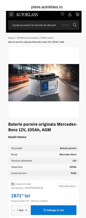 Acumulator 105Ah  , Baterie auto AGM 105Ah Mercedes , stare nouă