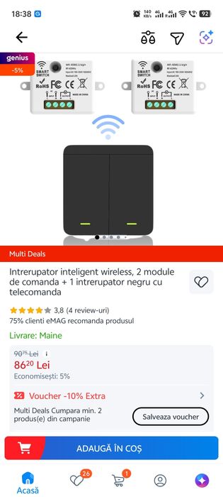 Intrerupator inteligent wireless, 2 module de comanda + 1 intrerupator negru cu telecomanda