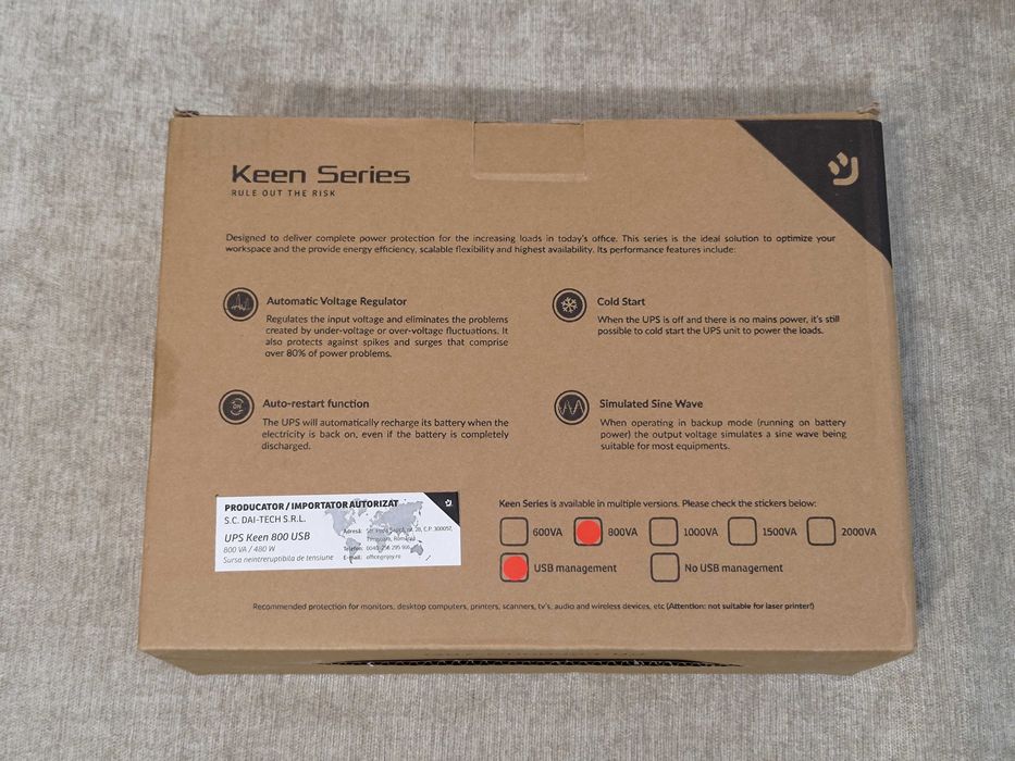 UPS Njoy NOU 800VA/480W Stabilizator tensiune Sursa baterie protectie