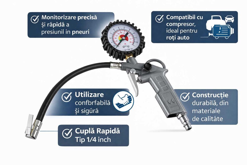 Pistol aer cu manometru pentru compresor roti auto