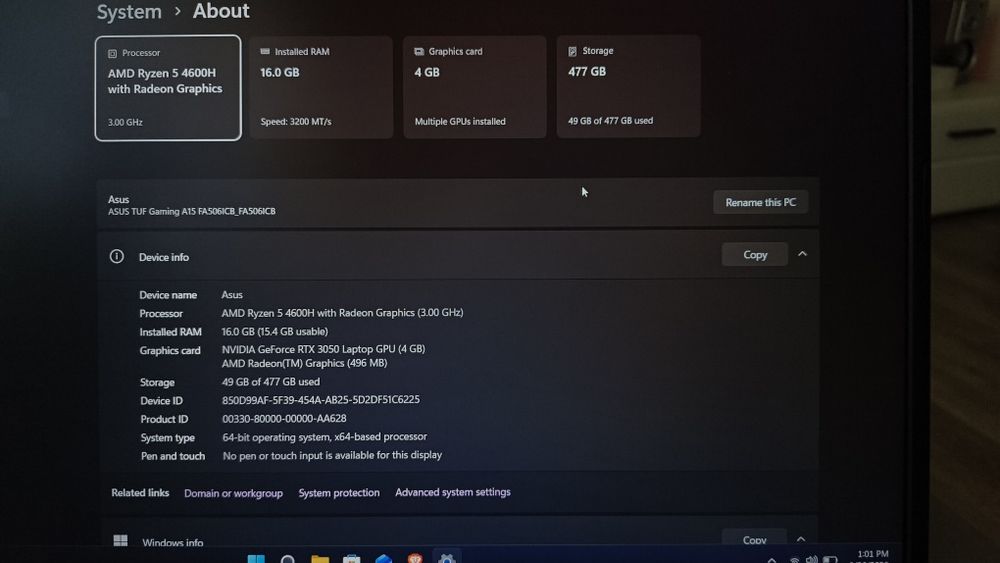 ASUS TUF Gaming A15 FA506ICB – Ryzen 5 4600H / RTX 3050 4GB / 16GB RAM / SSD 512GB / 15.6" 144Hz