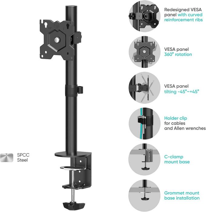 Универсална бюро стойка за монитор ONKRON D101E, 13"–34", 8 кг, черна