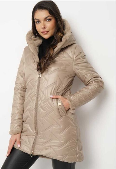Geaca de iarna bej, parka, imblanita pe interior, marime S/36, NOU
