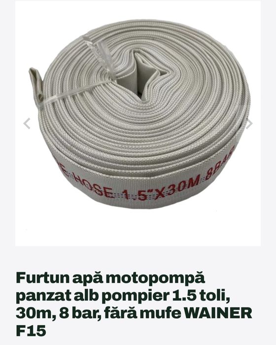 Furtun apă motopompă panzat alb pompier 1.5 toli, 30m, 8 bar, fără mufe.