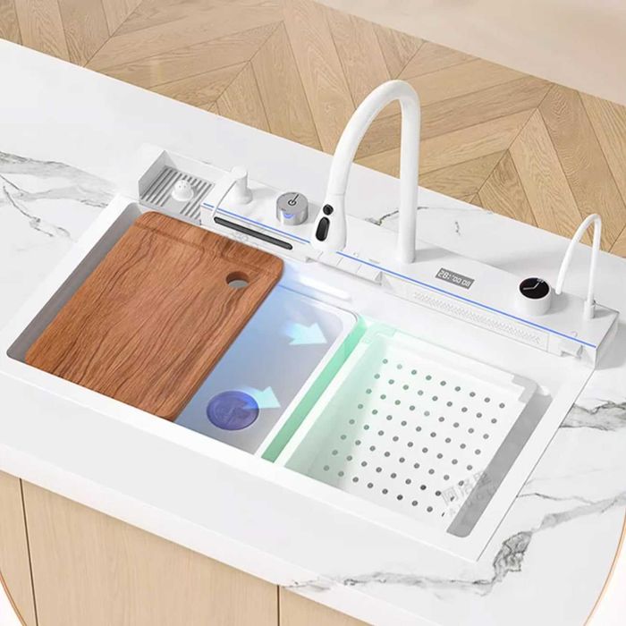 Модерна бяла мултифункционална кухненска мивка с двоен водопад W12WW