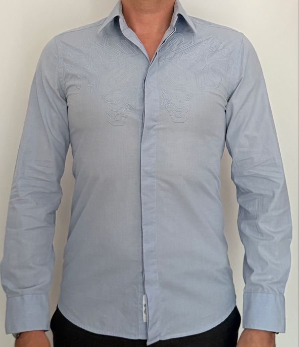 Cămașă CLASS Roberto Cavalli bleu cu broderie, slim fit, S