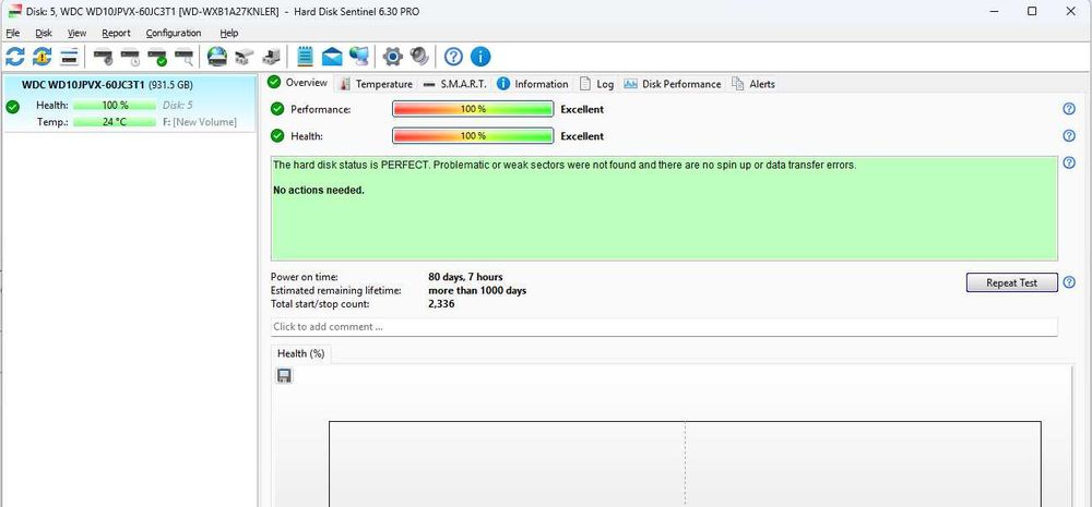 HDD Laptop 1TB 2,5" SATA / 1TB HDD Laptop 100% Health, 80 zile  - raport