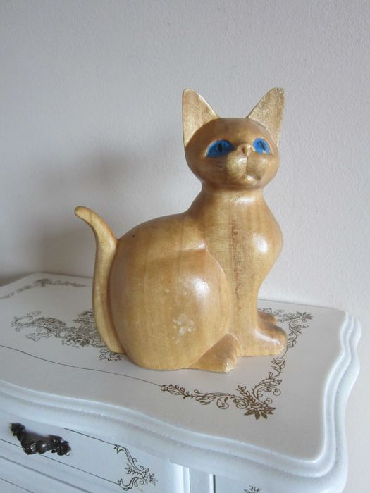 cadou inedit Pisica sculptura lemn Germania 1970