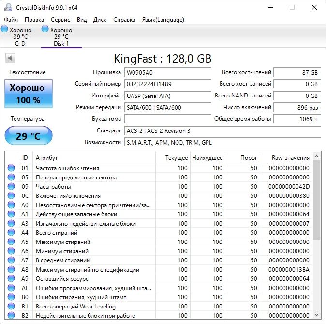SSD KingFast 128GB SATA III - 12 шт, 100%