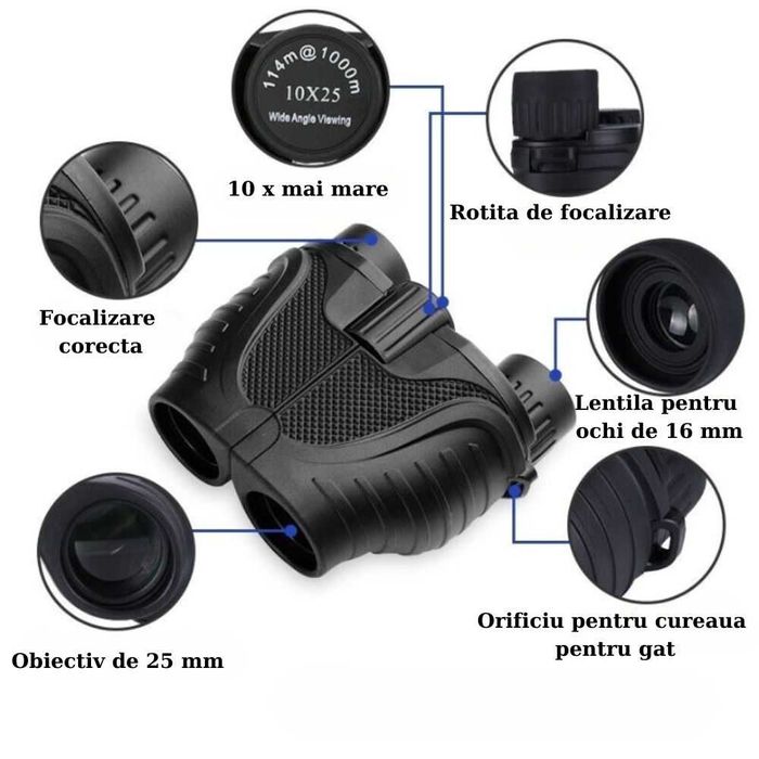 Binoclu 10x25 pentru adulti si copii, Zoom optic 10x, Negru