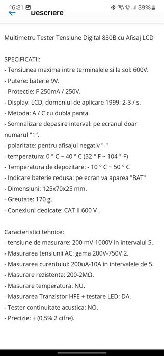 Multimetru tester tensiune digital 830B cu afisaj LCD