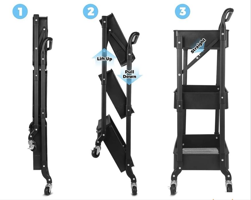 Etajera mobila cu 3 niveluri si 4 roti pivotante model pliabil
