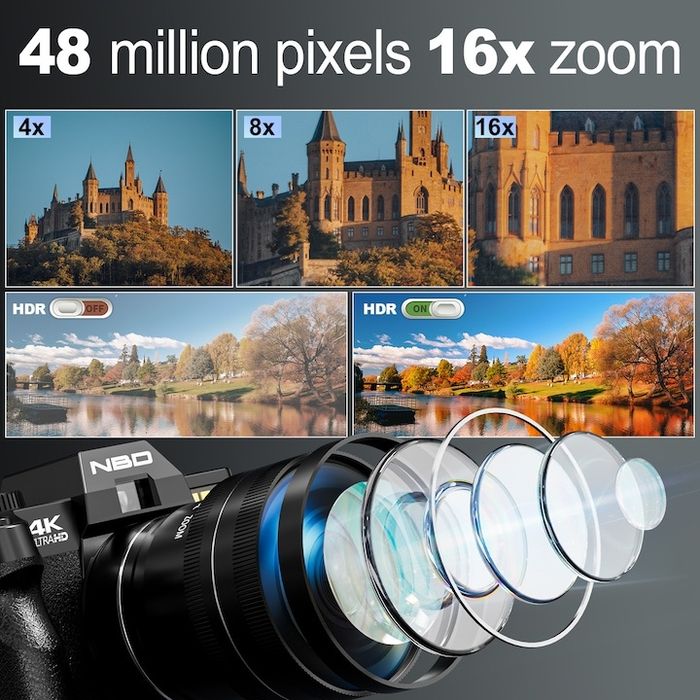 4КЦифров фотоапарат NBD, 48 MP, 3,0 инча IPS, 32 GB SD карта, 2 батери