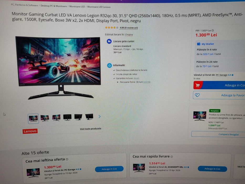 Monitor Gaming Curbat 2k LED VA Lenovo Legion 31.5 QHD (2560x1440), 180Hz, 0.5 ms AMD FreeSync™