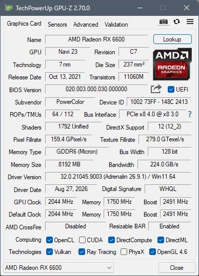 PowerColor HellHound Radeon RX 6600 8GB