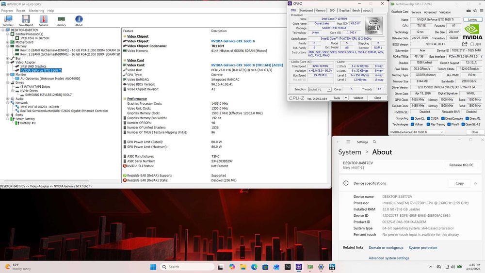 Gaming Acer Nitro 5 AN517 i7 32GB 512 SSD GTX 1660 TI 6GB Windows 11