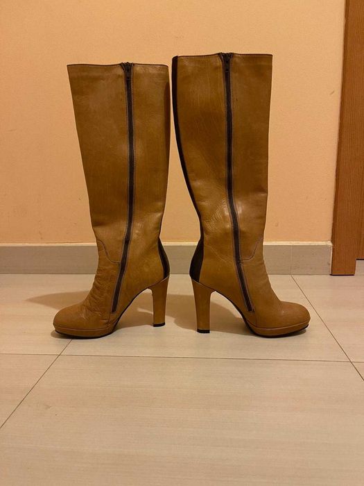Cizme elegante, piele naturală, maro, lungi, cu toc înalt, mărimea 35