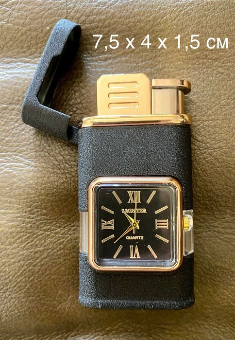 Подарок. Сувенир. Газова ветроустойчива запалка с часовник.