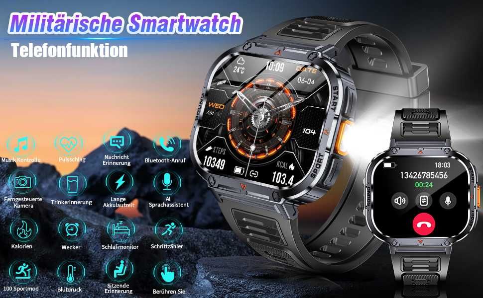 НОВ мъжки смарт часовник NX23, 2" с LED фенерче IP68 водоустойчив...