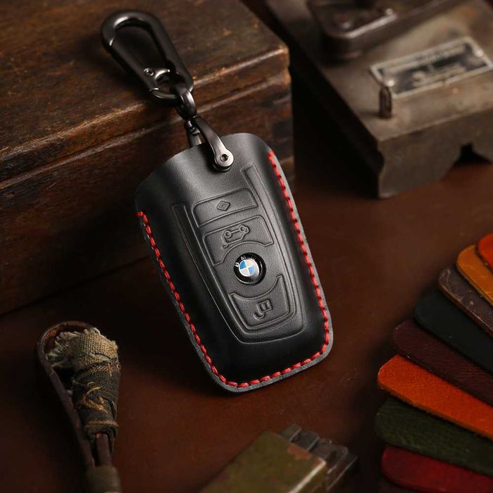 Husa cheie BMW, din piele naturala, albastru/negru/maro