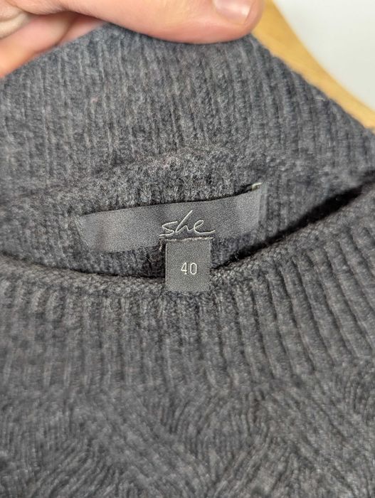 Pulover damă SHE, 40, gri, model herringbone, lână merinos & cașmir