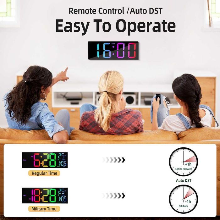 Дигитален Стенен Часовник 12" RGB LED с Дистанционно, Дата и Будилник