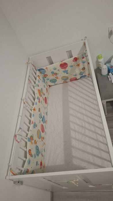 Patut alb din lemn+saltea cu fibre de cocos si strat de burete 120x60