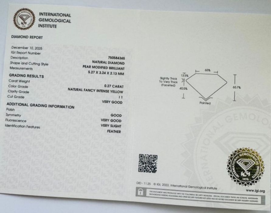 Естествен цветен диамант – Fancy Intense Yellow