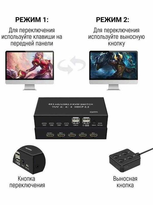 USB HDMI KVM Switch свитч переключатель  4-1 свитчер  выносной кнопкой