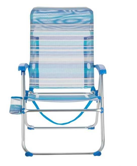 Син раиран плажен стол сгъваем с дръжки и държач за бутилки 69x59x93cm