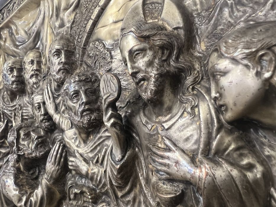 Ultima Cina A lui Iisus relief metalic mare rama lemn. Arta religioasa
