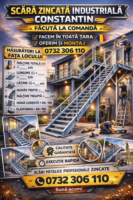Confectionam scarii metalice zincate exterioare și pentru incendii , platforme, podete si balustrazi profesionale la cererea clientului . Asiguram tra