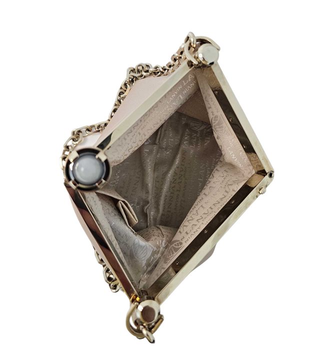 Clutch de seară Lanvin bej din mătase cu lanț și detaliu cu piatră
