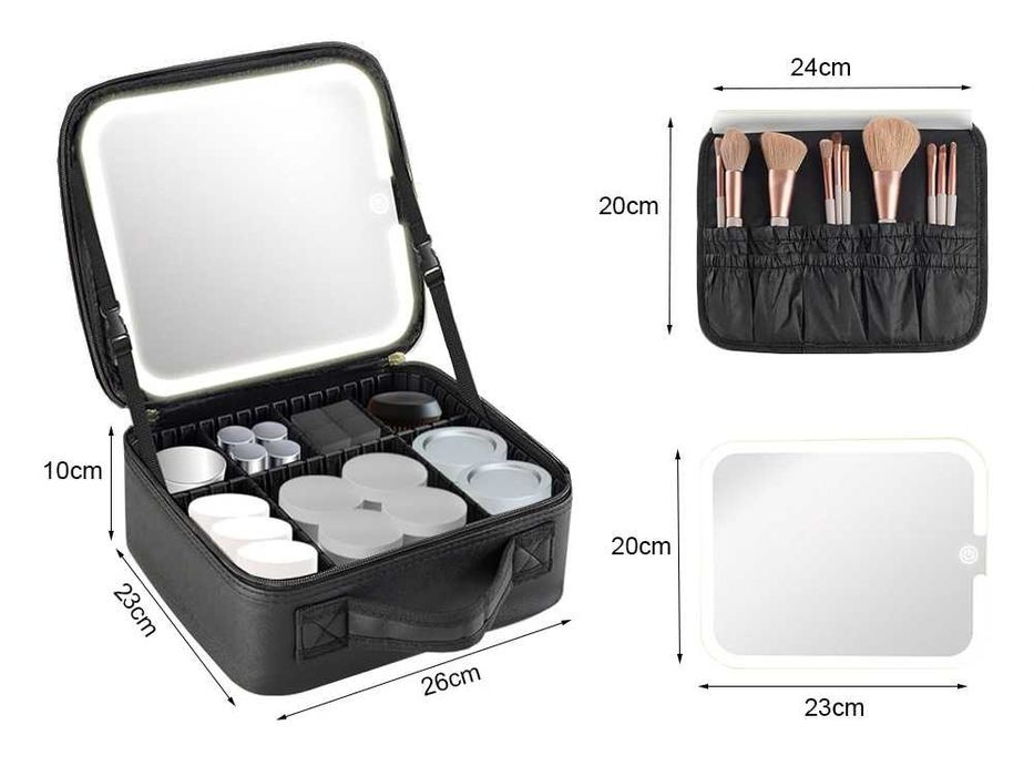 Куфар, чанта за грим и козметика с огледало и LED осветление - черен или розов цвят