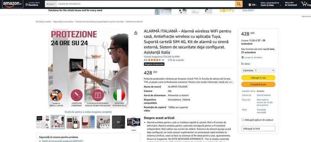 Alarmă wireless WiFi pentru casă, Antiefracție wireless, Tuya, 4G