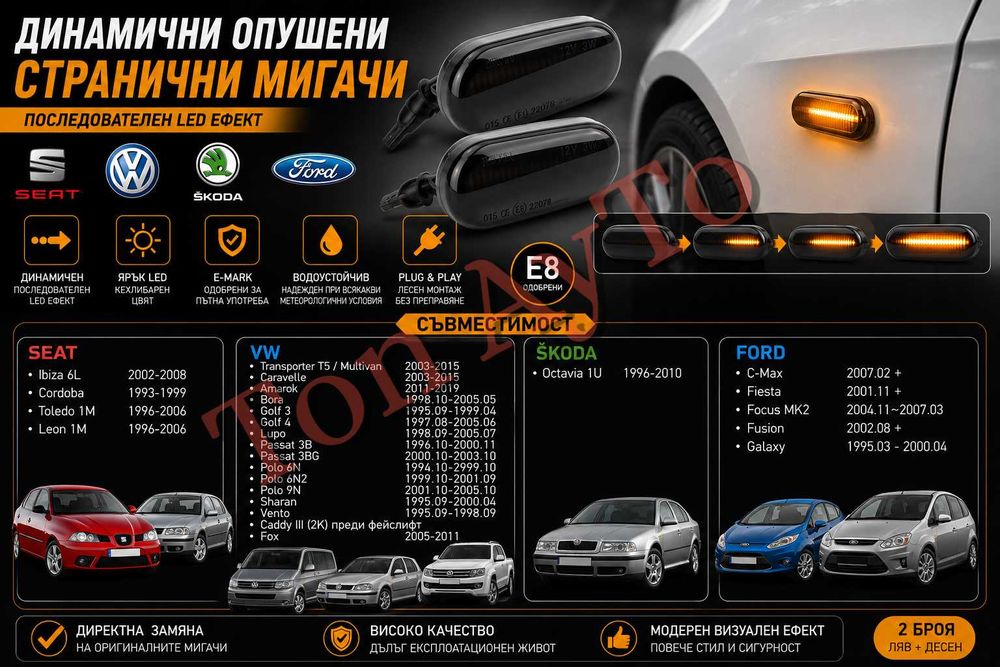 Страничен Опушен Динамичен LED Мигач За Фолксваген Шкода Сеат Форд VW Skoda Seat Ford E8 одобрен