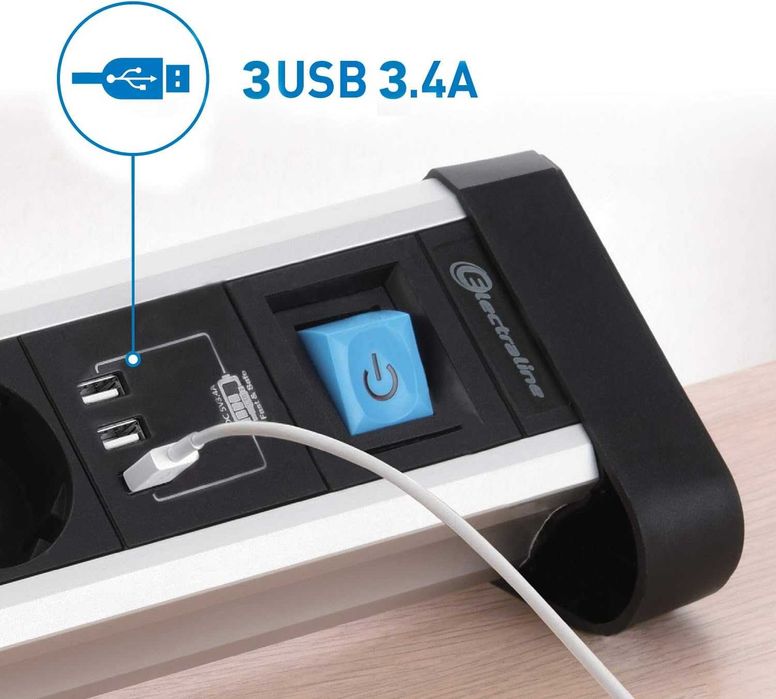 разклонител за бюро с 3 гнезда шуко, 3 USB порта 3.4 A , 2 метра кабел