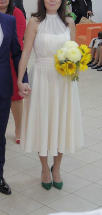 rochie ocazie - midi - tafta mata si voal - culoare ivoire