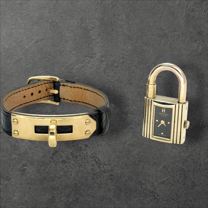 Hermès Kelly Lock Black & Gold (1990s) Дамски часовник 2в1